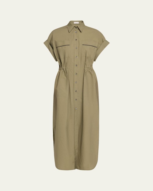 Monili-Trim Short-Sleeve Techno Cotton Poplin Midi Shirtdress
